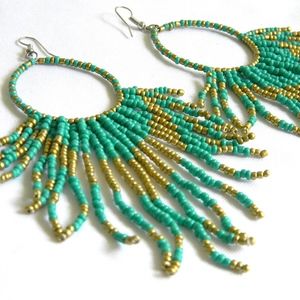 Turquoise & Gold Beaded Fringe Earrings